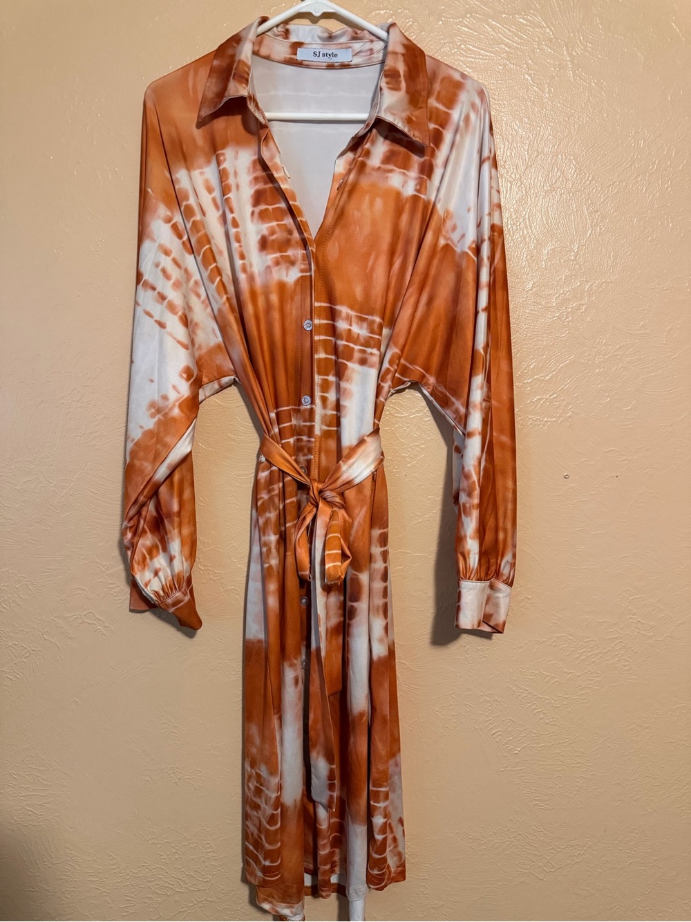 Dressed in Lala Tie-Dye Button-Front Shirt Dress in Rust and White